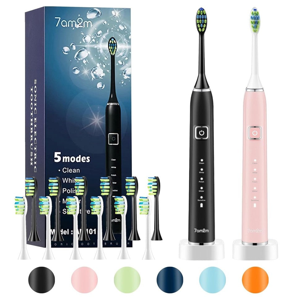 7AM2M Electric Toothbrush Set | 2-Pack for Kids & Adults, 12 Heads, 5 Modes