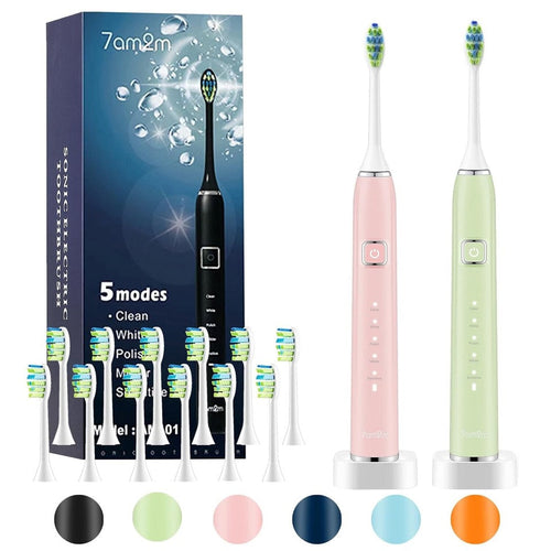 7AM2M Electric Toothbrush Set | 2-Pack for Kids & Adults, 12 Heads, 5 Modes